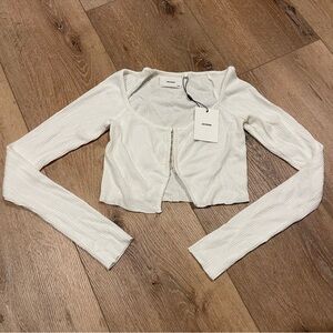 Joah Brown White Off-Shoulder Ribbed Long-Sleeve Crop Top